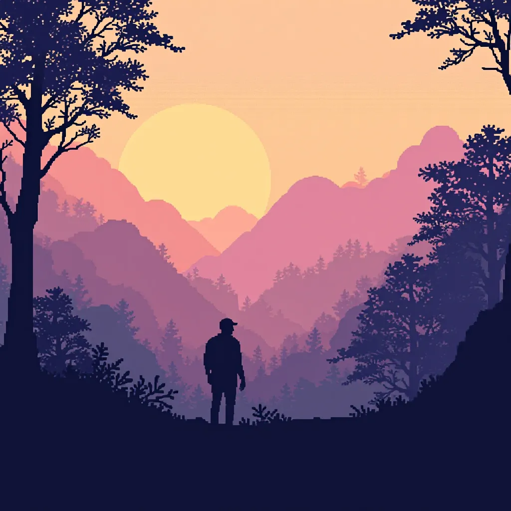 Style register: sixteen-bit side-scrolling landscape art, separately readable planes of distance constrained by a singl…