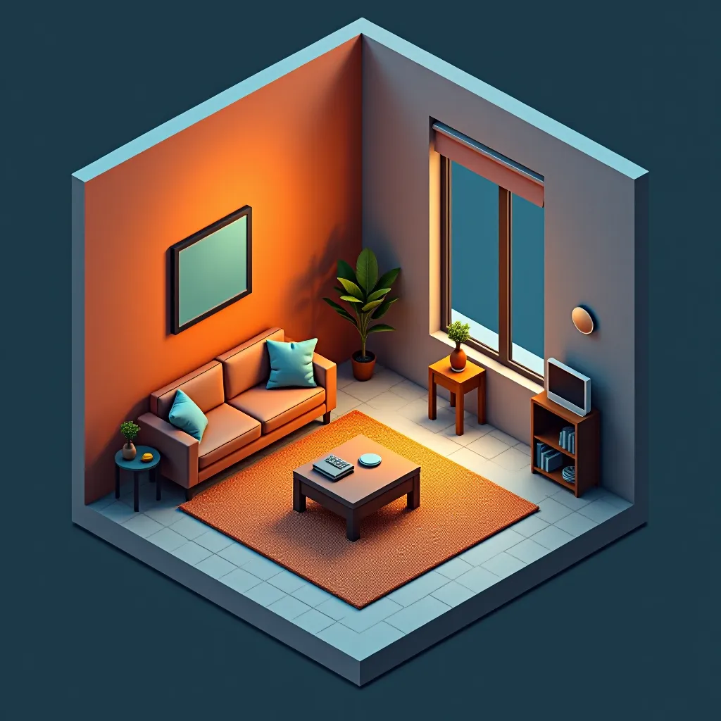 Style register: axonometric pixel diorama with tile-aligned diagonal edges, cutaway walls, and tiny but legible domesti…
