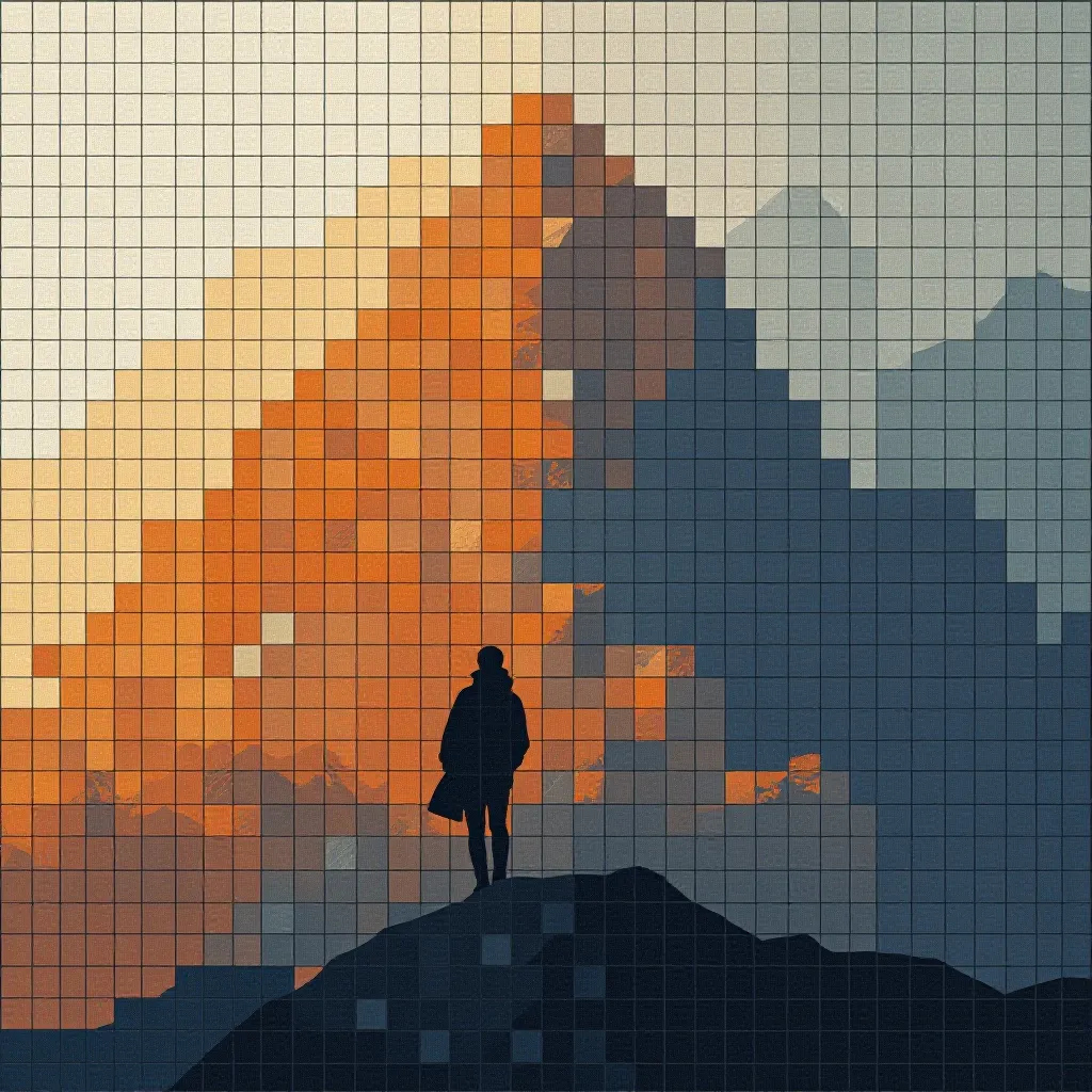 Style register: a digital pixel mosaic whose uniform square cells are separated by fine visible seams, foregrounding th…