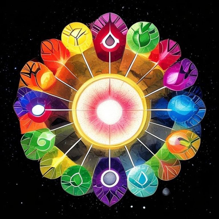 The eleven energy-type symbols arranged in a radial mandala: Fire, Water, Grass, Lightning, Psychic, Fighting, Dark, Me…
