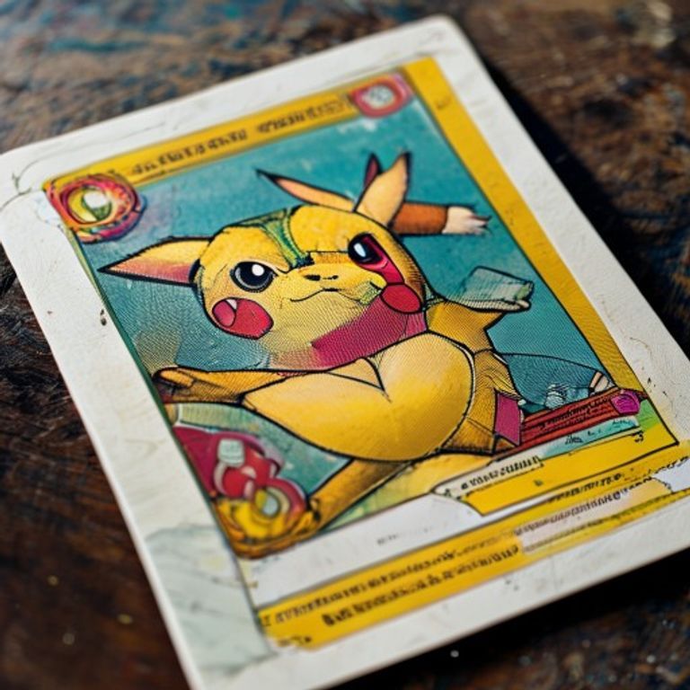 Macro photograph of a heavily-played childhood Pokémon card. Whitening edges, creased corner, faded ink. The relic of a…