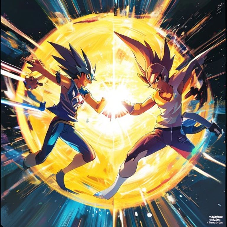 Two Pokémon or trainer-and-Pokémon pairs locked in compositional dialogue. The tag-team-GX register: geometry makes the…