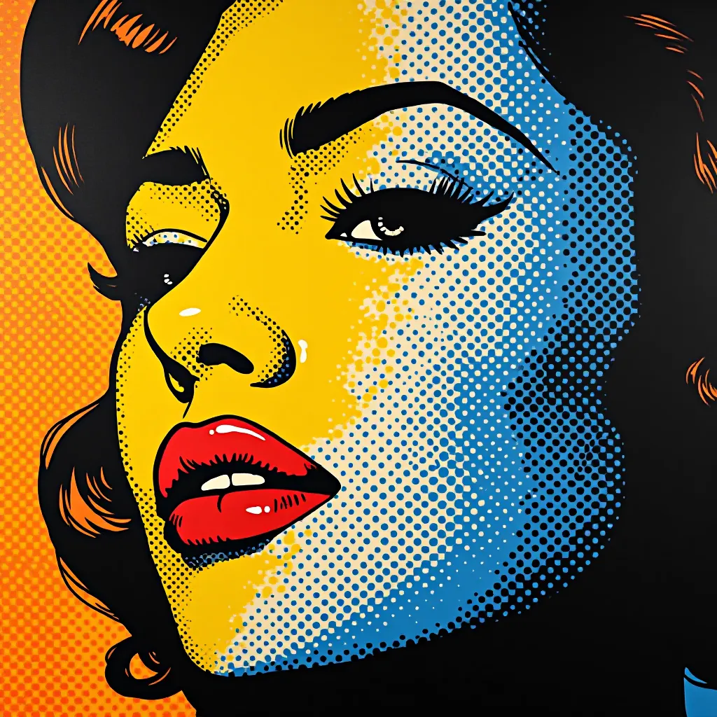 Style register: Roy Lichtenstein's 1960s enlarged print grammar, hand-painted industrial dots and emphatic contours wit…