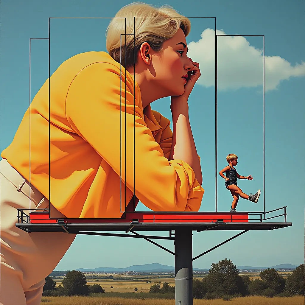 Style register: James Rosenquist's billboard-painter scale and abrupt pictorial splices, with all fragments extracted f…