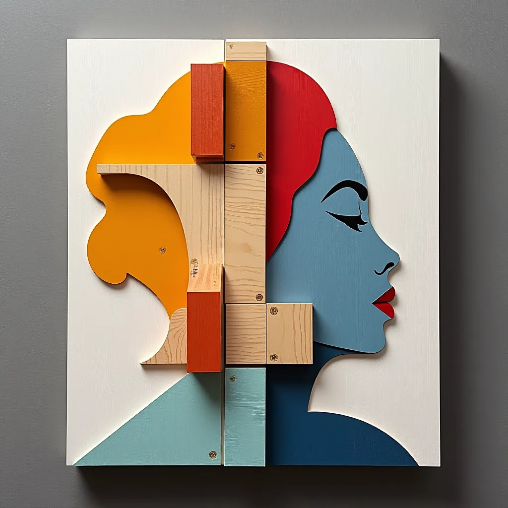 Style register: Marisol Escobar's 1960s painted wooden assemblages, simplified forms made tactile by wood grain, constr…