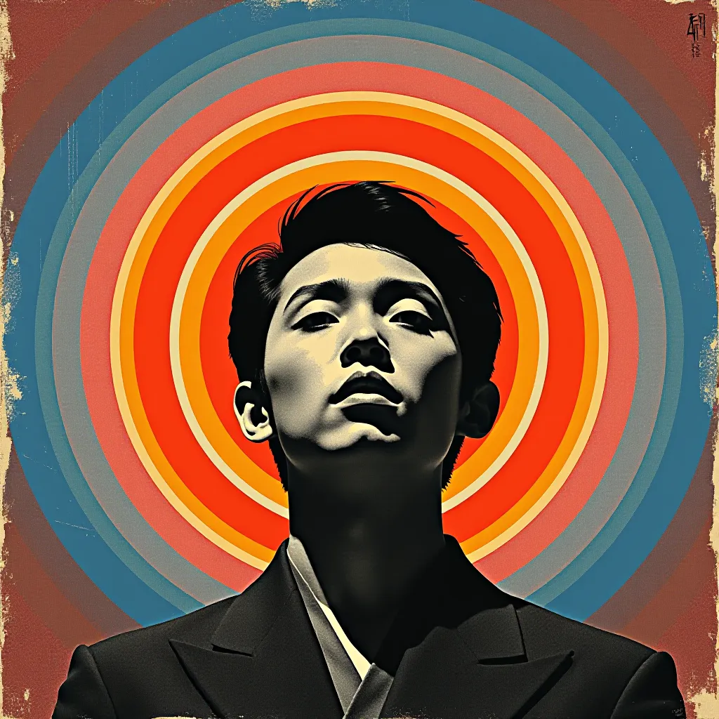 Style register: 1960s Japanese psychedelic Pop screenprinting, concentric sunbursts and piled print planes without post…