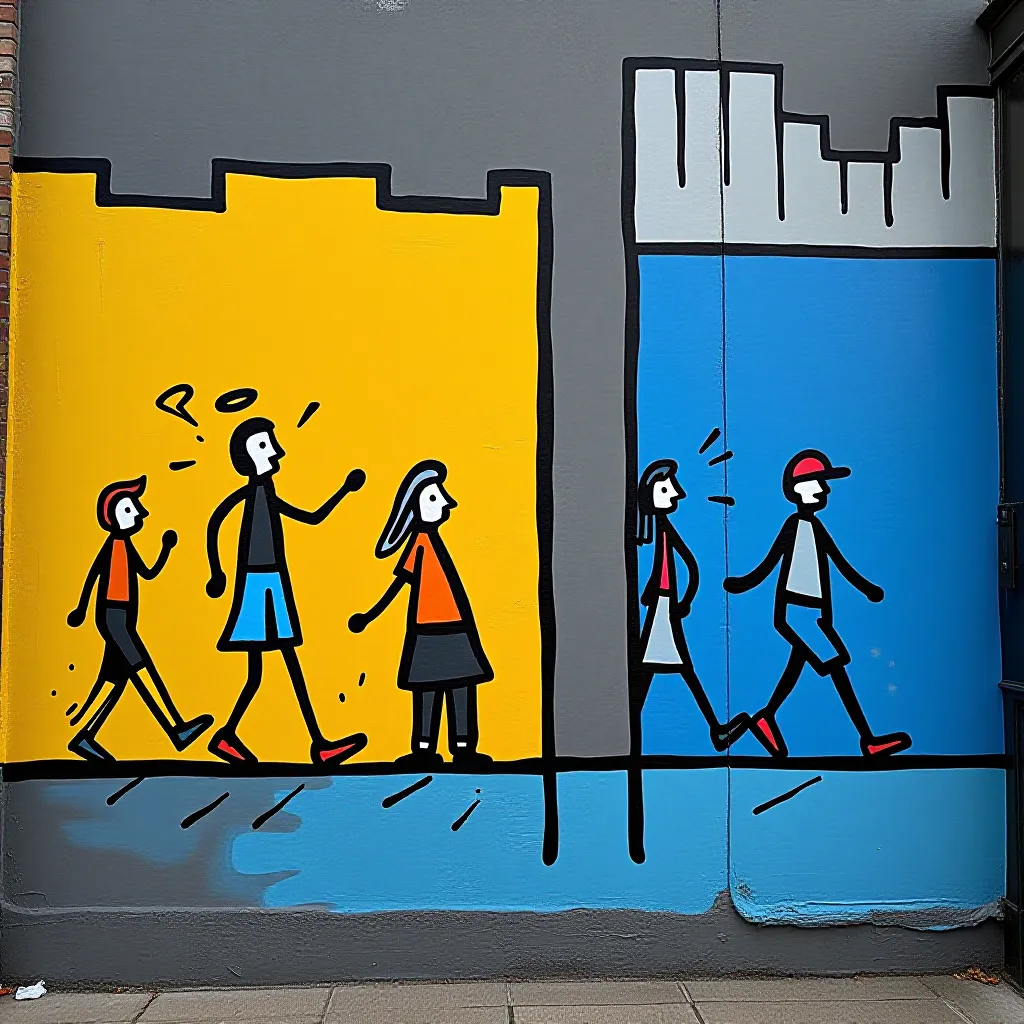 Style register: late-1970s and 1980s street-facing Pop line murals, informed by Keith Haring's graphic energy but avoiding his recognizable character silhouettes.