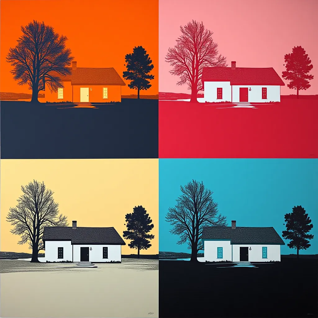 Style register: 1960s Pop color-block experiments as one continuous image crossing four chromatic fields, not Warhol's…