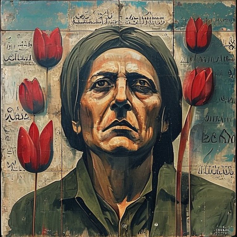 Renders the subject in the visual register of the post-1979 Tehran wall-mural tradition. The martyrdom aesthetic conver…