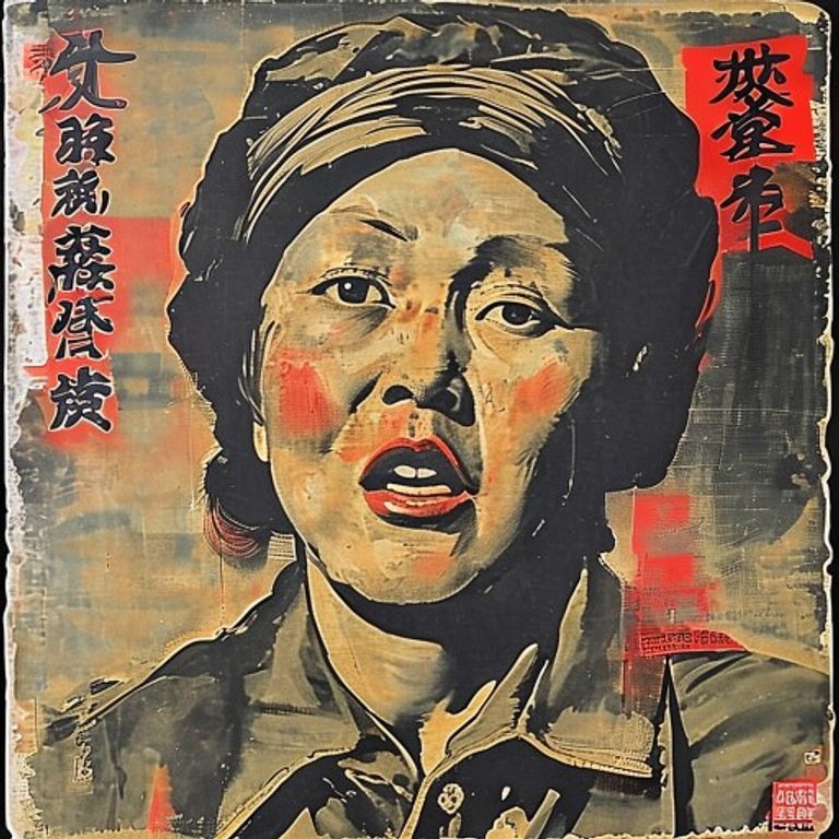 The 1966-1976 Cultural Revolution wall-poster register: black ink and red accent on cheap paper, hand-brushed, mass-pas…