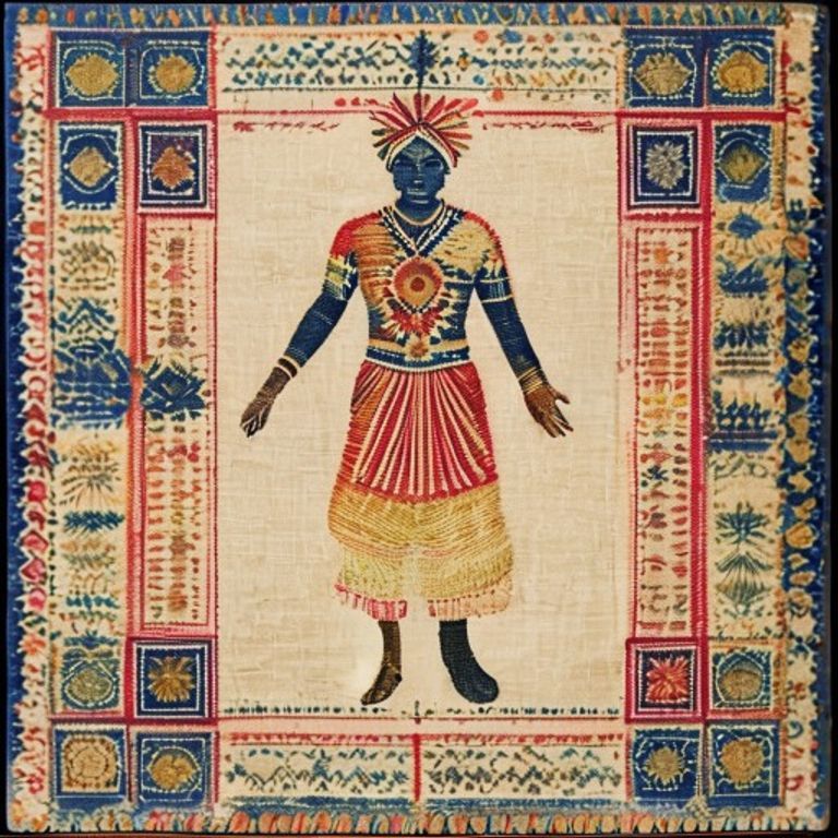 The nationalist textile register. Subject woven into khadi, block-printed by hand on hand-spun cotton, the very product…