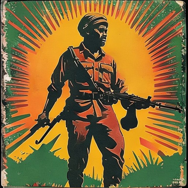 The decolonial register, armed and unapologetic. Rendered in the visual language of the Mozambique Liberation Front, si…