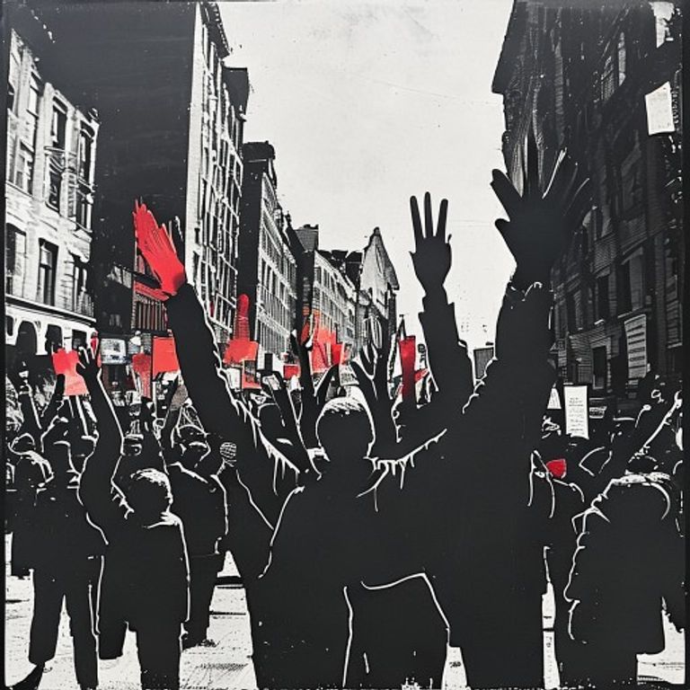 The moral register without weapons, just refusal. Subject rendered in the visual language of peaceful crowd, candleligh…