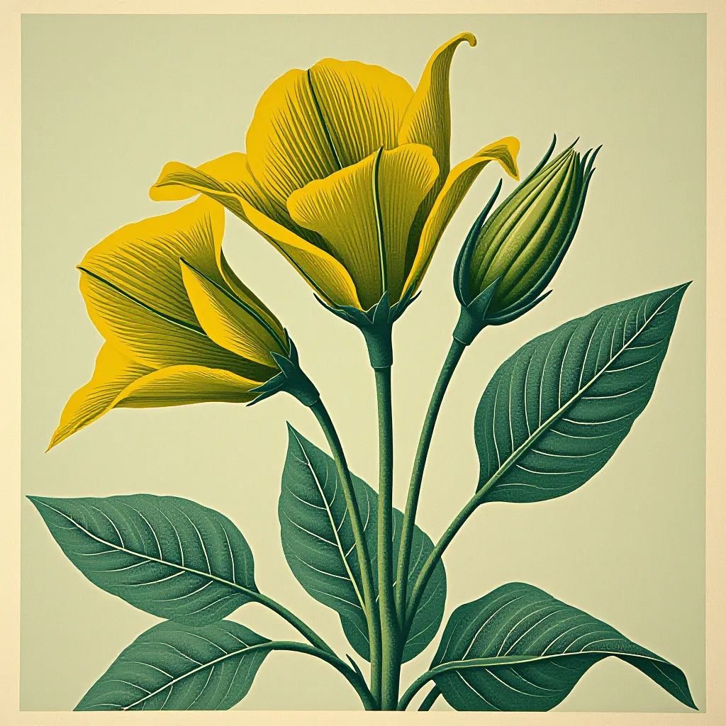 Style register: botanical specimen observation translated into fine contour stencil and broad leaf-shadow print, withou…
