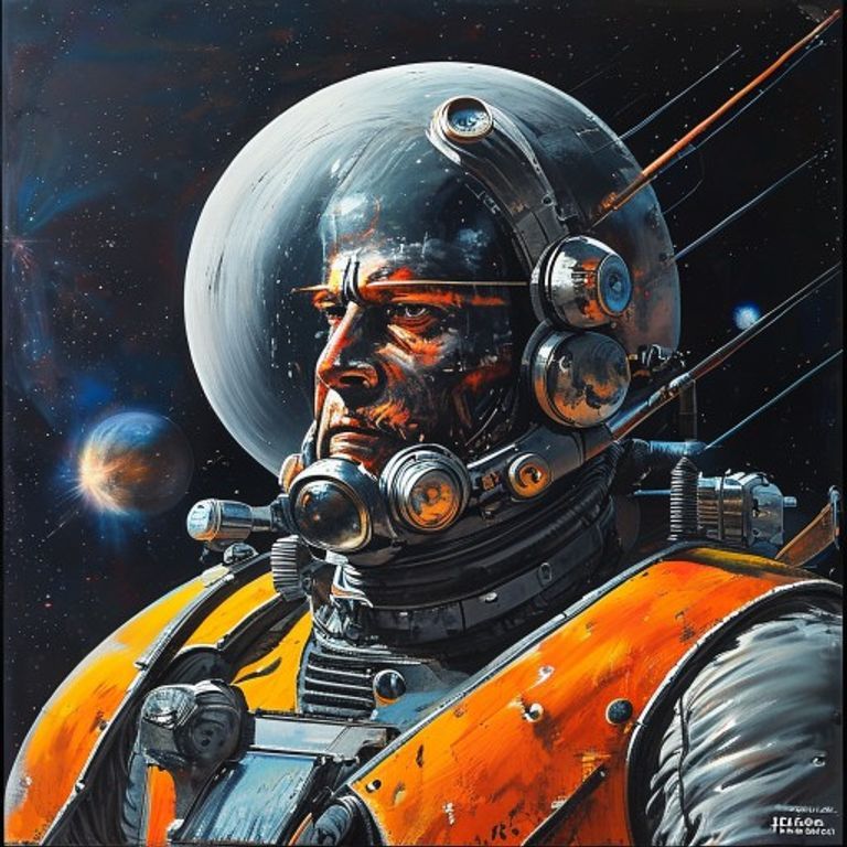 The Asimov-Foundation paperback-cover spaceship register. Massive striped hulls, no humans visible, planet-as-backdrop,…