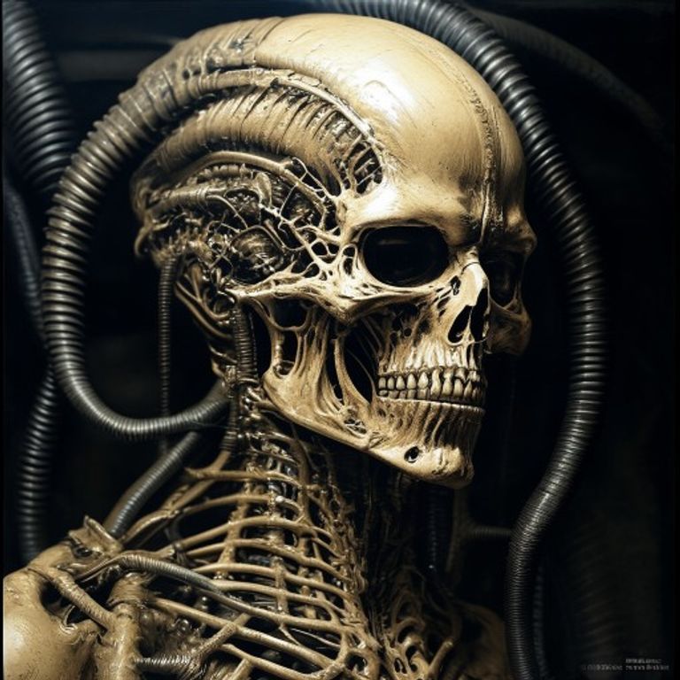 The Giger biomechanical register. Airbrush-on-paper monochrome, fused biology and machinery, the Alien xenomorph lineag…