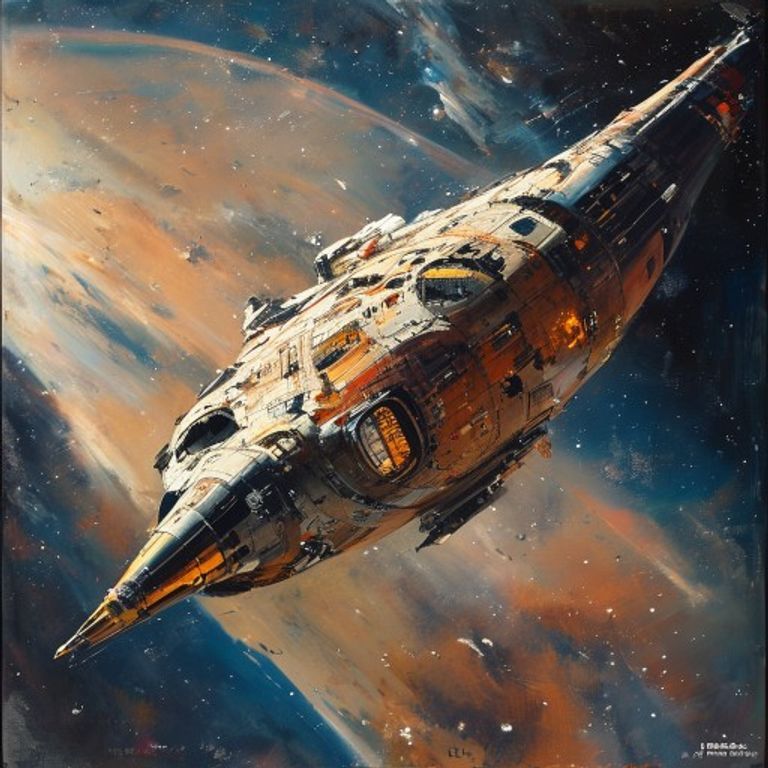 The Berkey impressionist-mechanical register. Oil and casein painted spacecraft where detail is suggested rather than rendered, the pre-Star-Wars and adjacent-to-Star-Wars commerc…