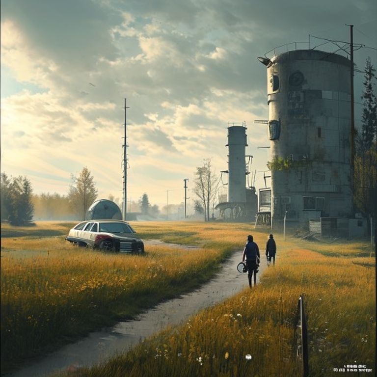 The Stalenhag register. Decommissioned futuristic infrastructure in 1980s Swedish suburbs. Children riding bikes past a…