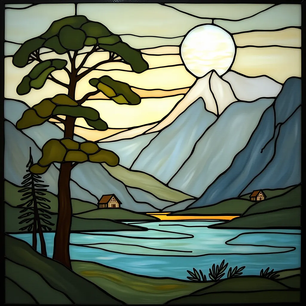 Style register: Tiffany Studios landscape panels, folded opalescent glass, copper-foil assembly, and atmospheric color…