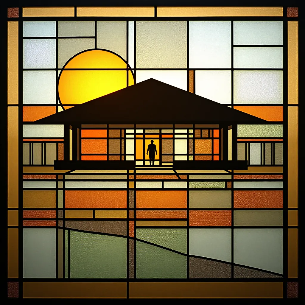 Style register: Frank Lloyd Wright prairie-house art glass, horizontal bands, restrained colored accents, and transparent geometry.