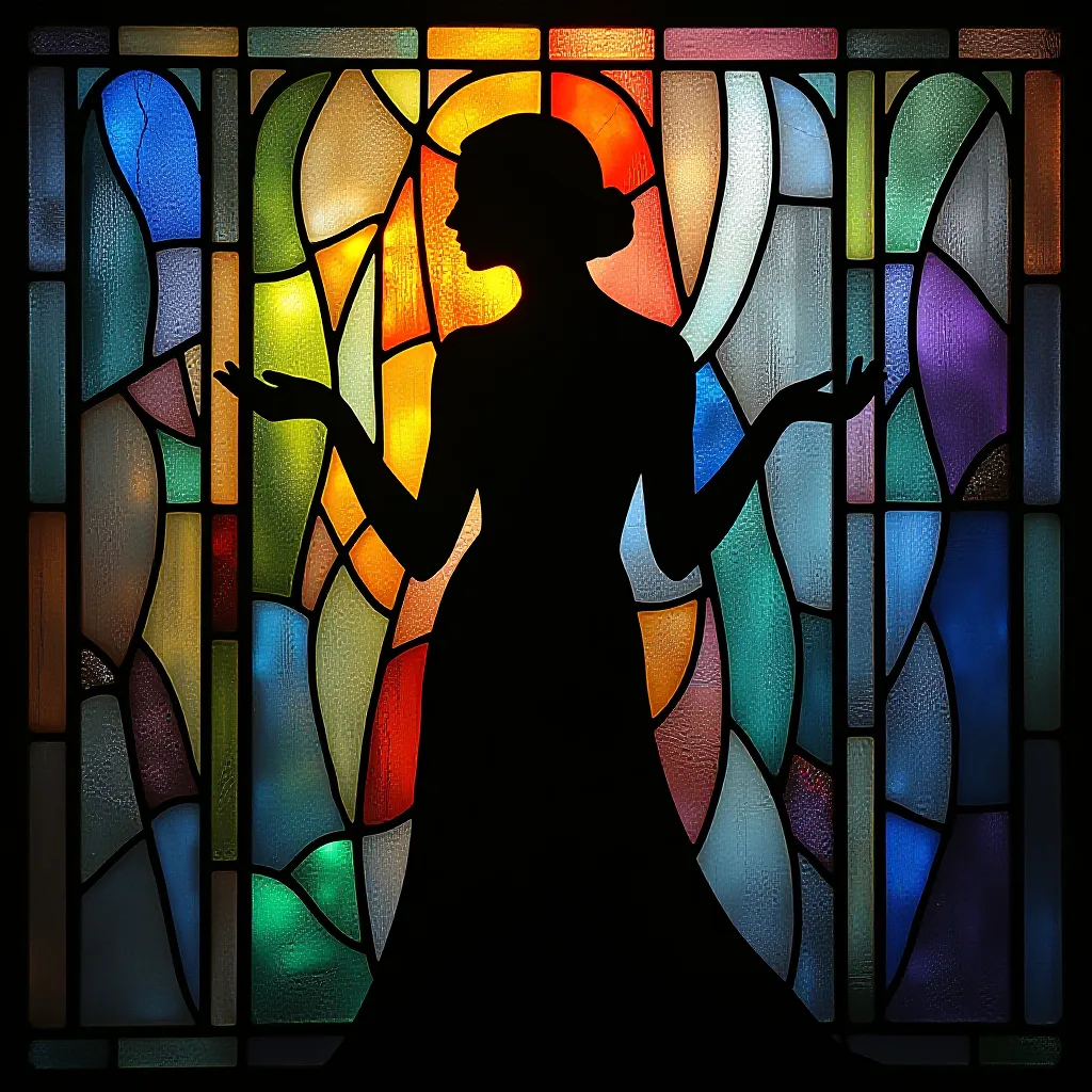 Style register: Harry Clarke's Irish Arts and Crafts glazing, elongated forms, rich jewel color, and intricate painted…