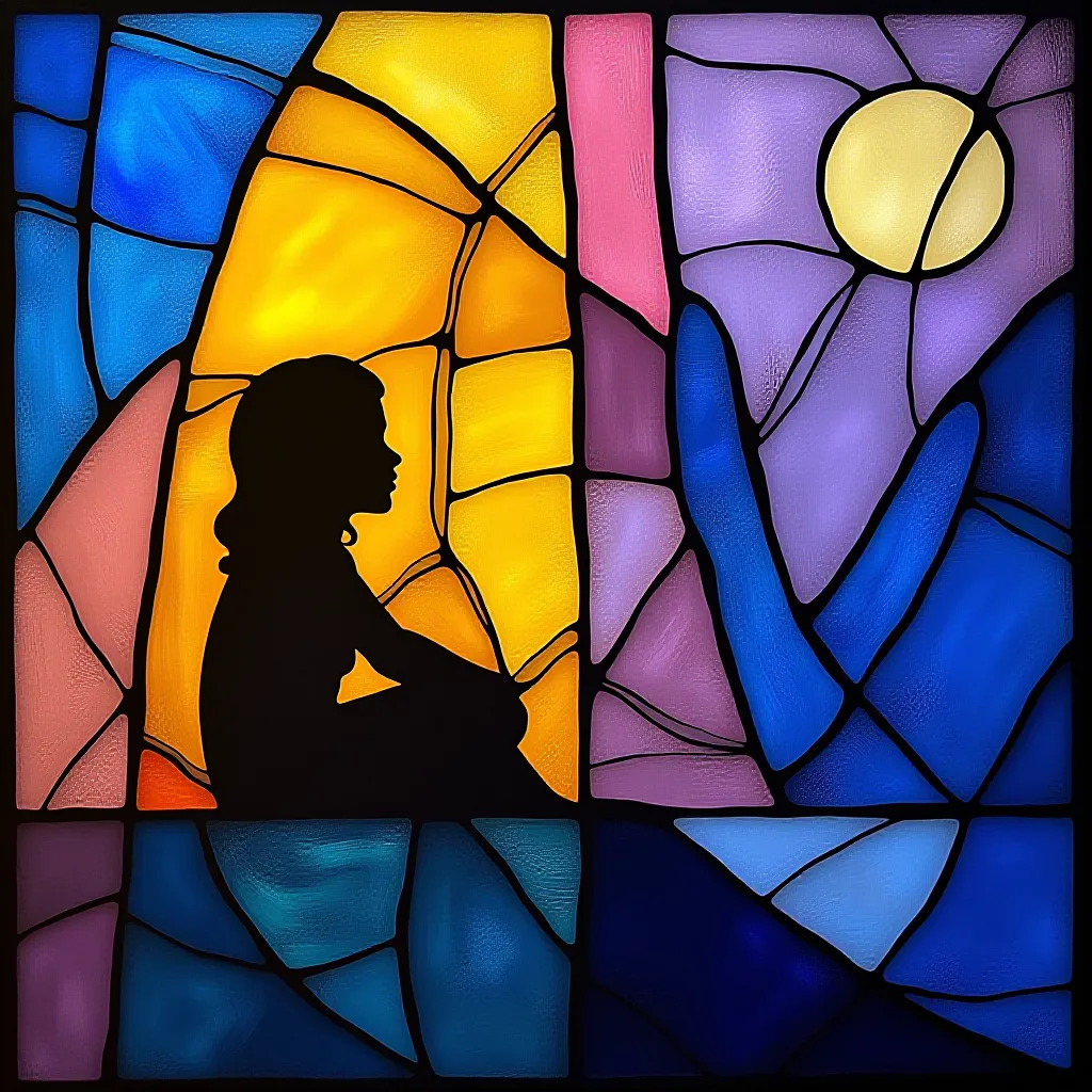 Style register: Marc Chagall's modern stained-glass windows, painterly cobalt fields, floating color planes, and expressive lead drawing.