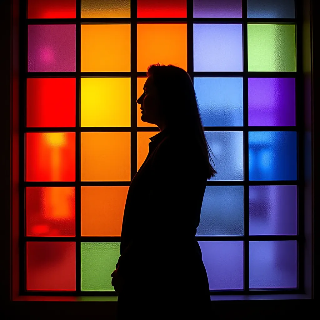 Style register: the Cologne Cathedral's contemporary square-grid window, luminous colored panes and ordered randomness…