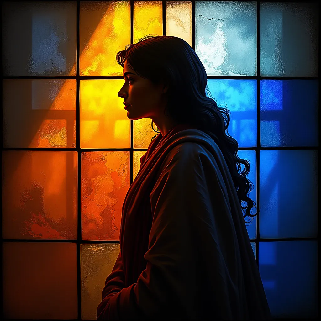 Style register: Backlit stained glass in a stone aperture, colored transmission and long projected pools of light as the main material event.
