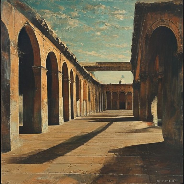 Long arcaded piazza, raking 4pm shadow, ochre walls, distant locomotive smoke, a single object holding the whole dream.