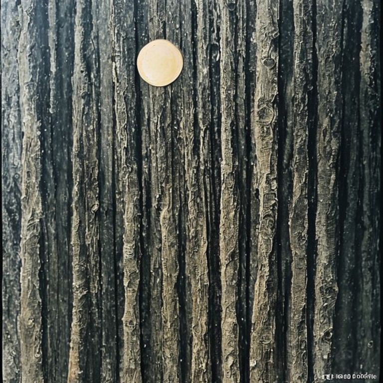 Petrified-forest verticals, scraped pigment crusts, sun-disc presiding, bird-king watching from a branch.