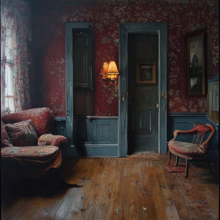 Leonora Carrington / Dorothea Tanning register: domestic room going feral, wallpaper pattern advancing, doorway opening…
