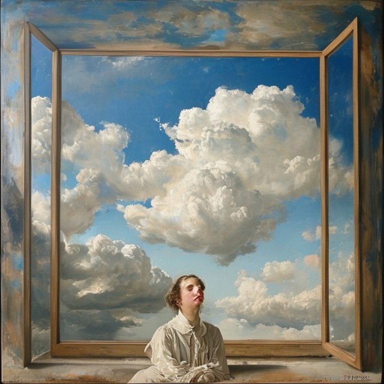 Belgian cumulus sky-blue palette, picture-within-picture register, the window pane and the view collapsing into each other.