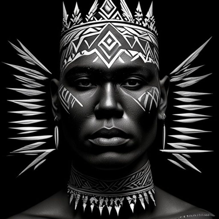 The subject rendered as Polynesian tatau, dense solid black with white negative-space motifs in the Samoan and Marquesa…