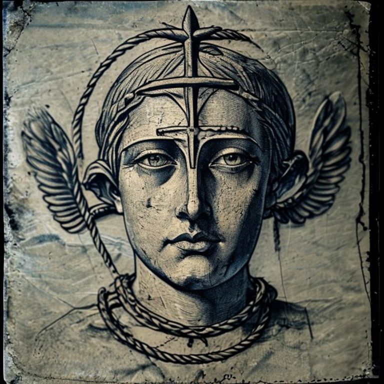 The subject rendered as Vor v Zakone prison tattoo work, faded blue-grey single-needle ink with classical iconography.