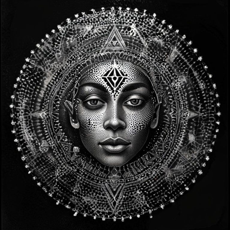 The subject rendered entirely as densities of individual stippled dots, mandala-symmetric geometric arrangement.