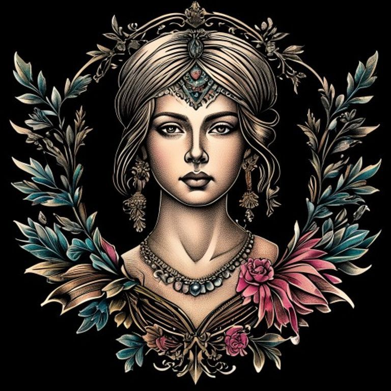 The subject rendered in contemporary neo-traditional tattoo register: thick crisp outlines, jewel-tone fills, painterly…