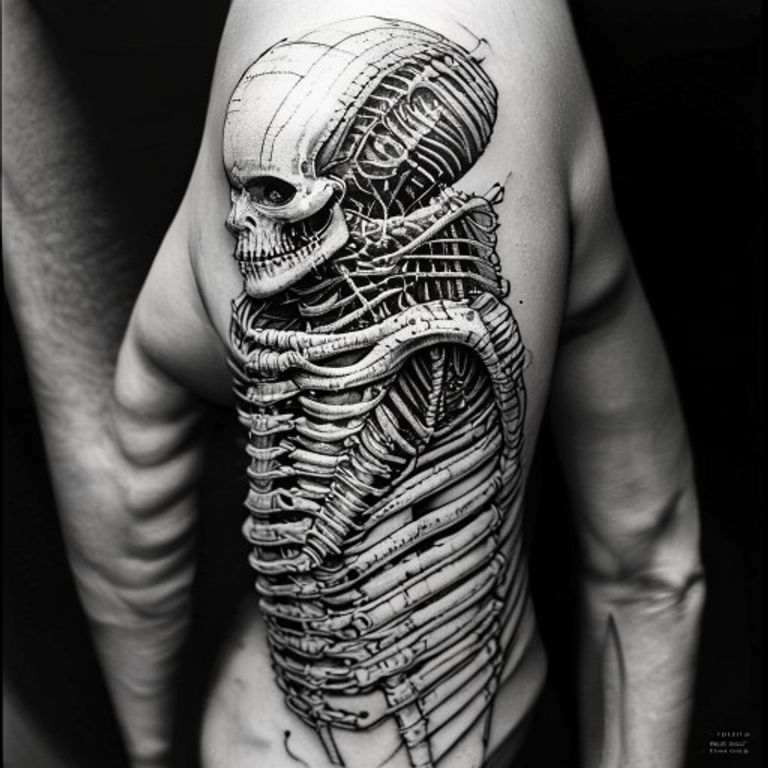 The subject rendered as biomechanical tattoo in the HR Giger lineage, anatomy fused with bone-machine architecture.