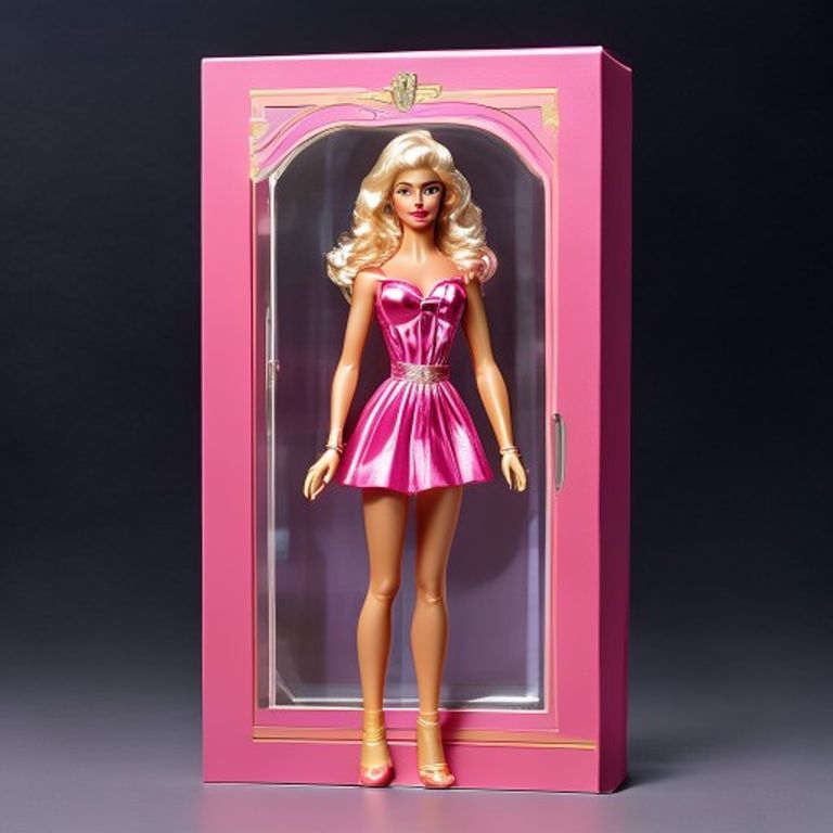 The Mattel Barbie window-box package, dominant pink palette, clear-window front face displaying the doll inside in full…