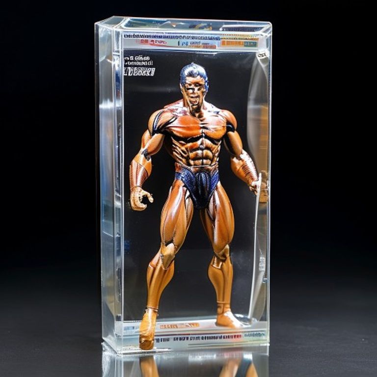 The graded mint-on-card action figure in its sealed acrylic display slab. AFA or CAS-graded, encapsulated, scored, the…