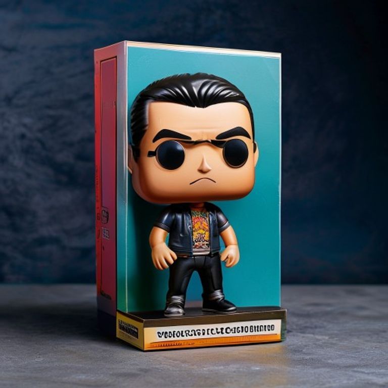 The contemporary Funko Pop window-box. Modular template, deep-color faction background, stylized vinyl figure visible t…