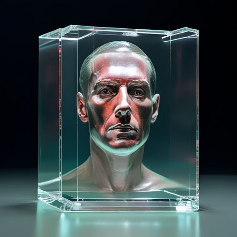 The subject sealed inside a clear acrylic grading slab, the encasement itself rendered as the asset.