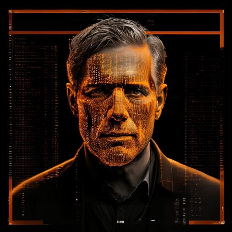 The subject reconstituted as a glowing amber-phosphor readout against deep CRT black, a person rendered as a data field.