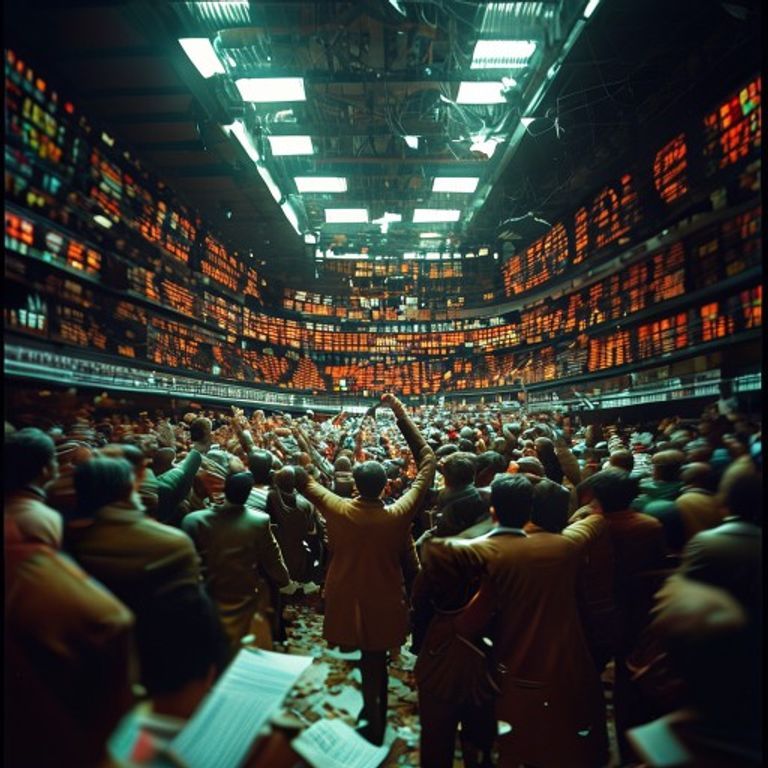 The subject rendered inside an 1980s open-outcry pit, motion-blurred chaos and screaming color, the trading floor as ba…