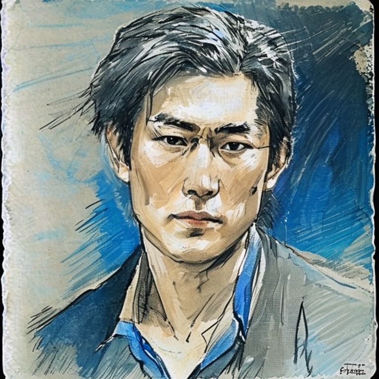Yoji Shinkawa's signature register: gestural ink, washes, blue and grey palette, anatomy implied not labored. The illus…