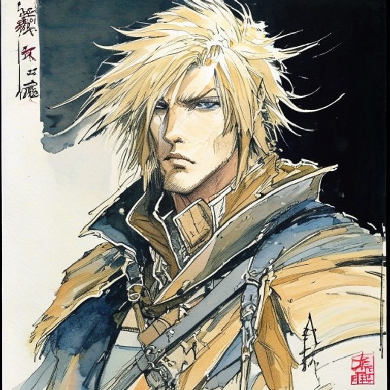The Yoshitaka Amano watercolor-and-ink register that defined the Final Fantasy keyart for two decades. The case in whic…