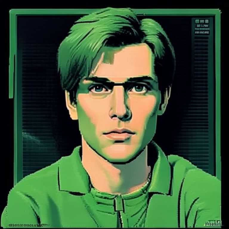The subject reduced to four shades of pea-soup green LCD, dot matrix grid visible at native resolution.