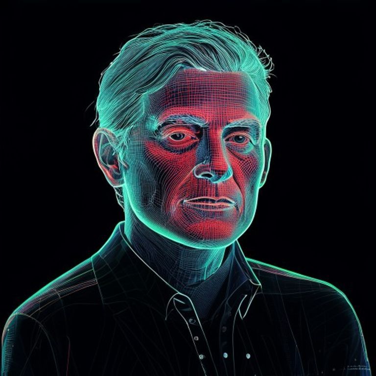 The subject rendered as bright vector lines on a black CRT, viewed through a translucent colored plastic screen overlay.