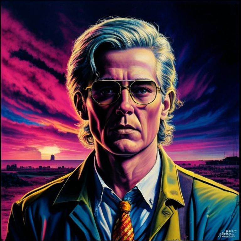The subject rendered as a Sinclair ZX Spectrum cassette cover in the Oliver-Frey-school of UK microcomputer painted ill…
