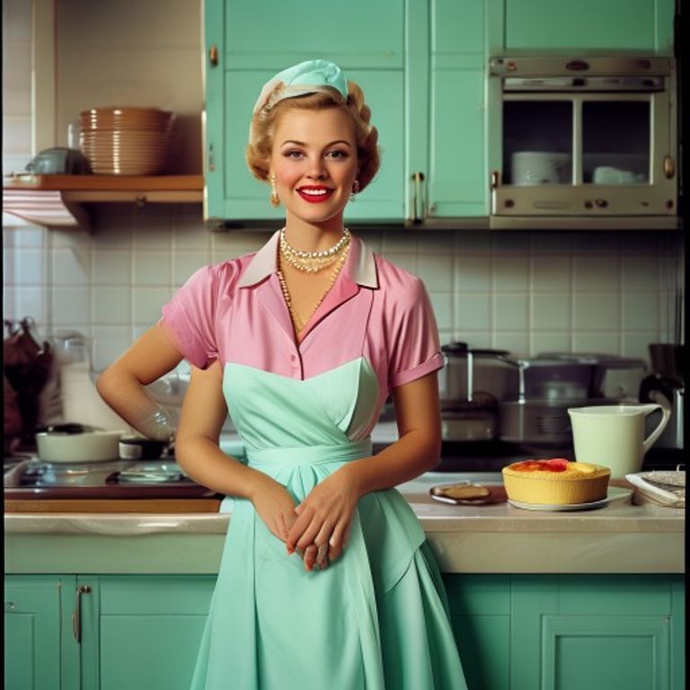Good Housekeeping and Ladies Home Journal kitchen-theater register, the visual machinery Betty Friedan would later name…