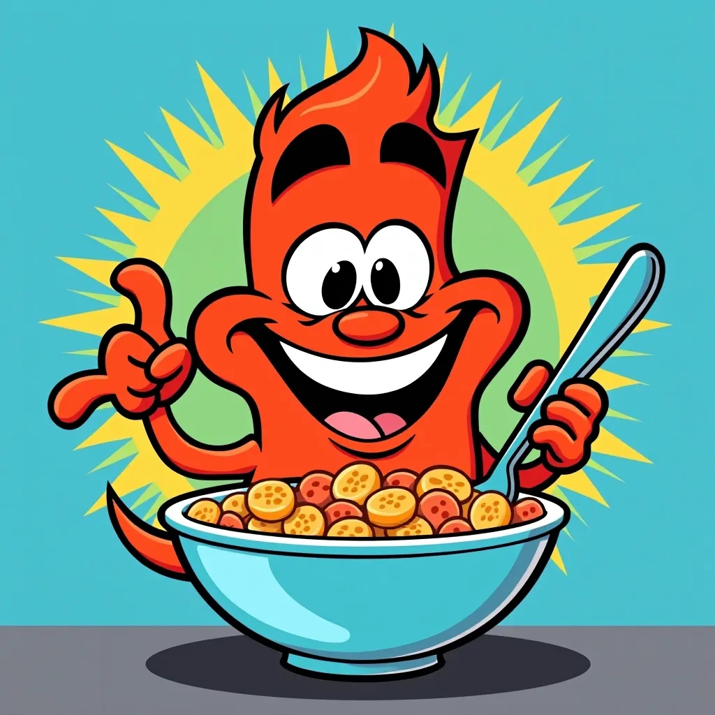 The 1970s Saturday-morning-cartoon cereal-ad aesthetic: bright primary colors and cheerful cartoon energy, the visual g…